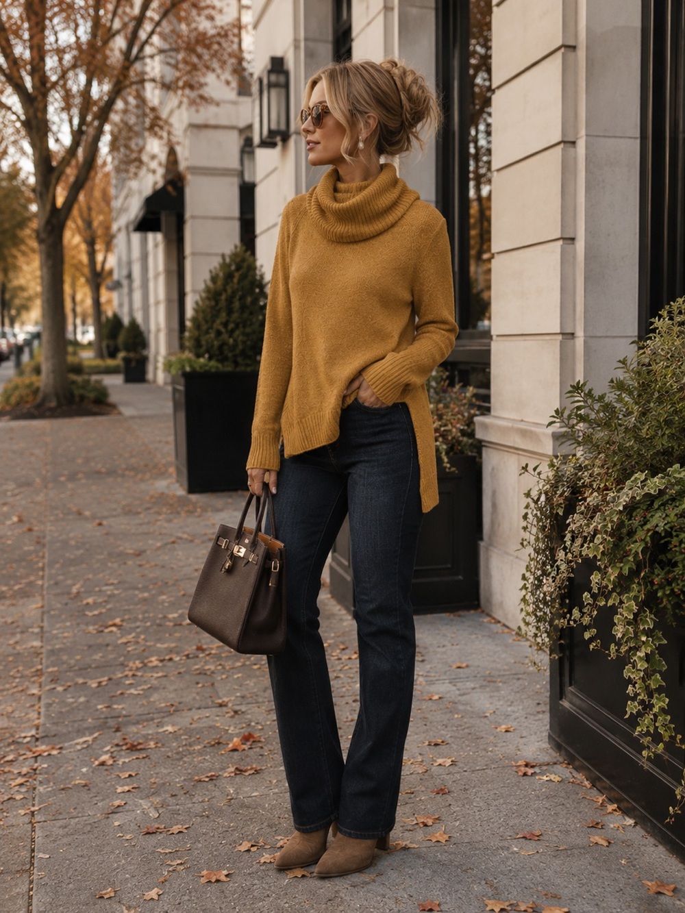 Tahari Camel Marled Cowl Neck Sweater Side Slit Cozy Fall Knit Size S